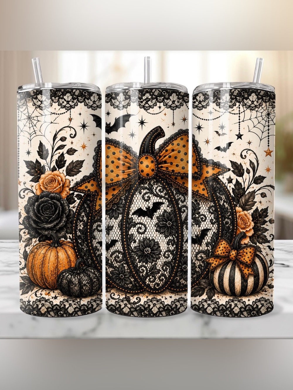 Elegant Halloween Pumpkin Lace Tumbler
